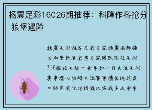 杨震足彩16026期推荐：科隆作客抢分 狼堡遇险