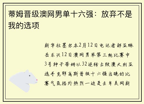 蒂姆晋级澳网男单十六强：放弃不是我的选项